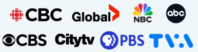 Collage of TV network logos: CBC, Global, NBC, ABC, CBS, Citytv, PBS, and TVA.