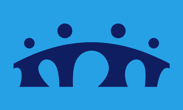 Abstract blue graphic: a dark blue arched bridge with three arches on a bright blue background, with five circular dots arranged above the arch.