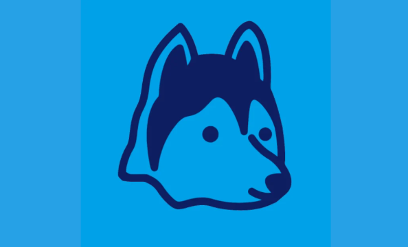 Stylized dark-blue husky head logo on a bright blue background