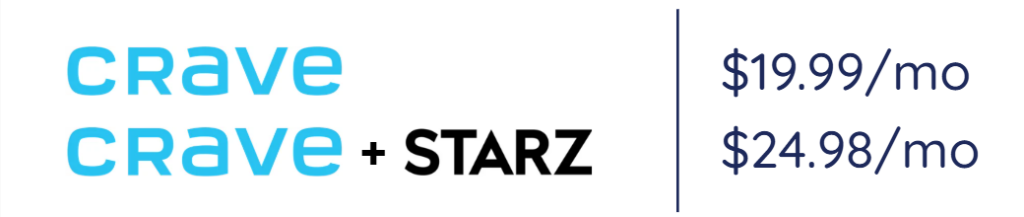 Crave logo (two blue 'crave' lines) plus STARZ logo, with pricing on the right: $19.99/mo and $24.98/mo separated by a vertical line.