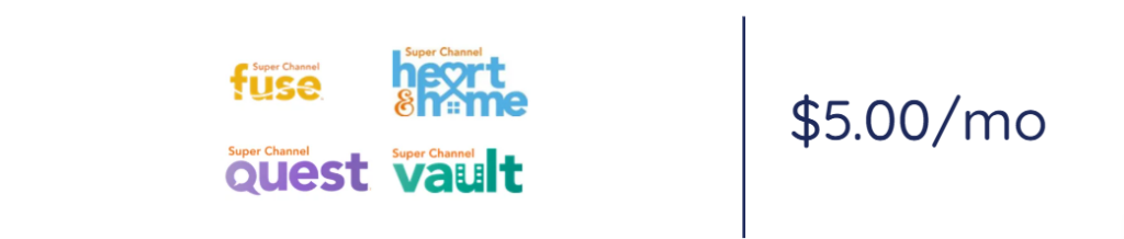 Left cluster shows four channel logos (Fuse, Heart & Home, Quest, Vault) next to a vertical divider and '$5.00/mo' on the right.