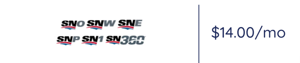 Two-row logos with blue and red wave accents on the left, a vertical divider, and the price $14.00/mo on the right.