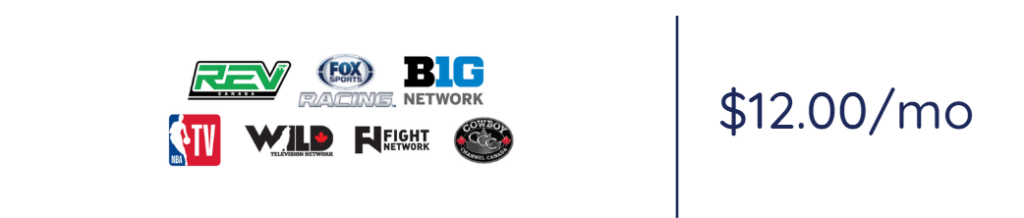 Group of sports network logos on the left with a vertical divider and $12.00/mo on the right.