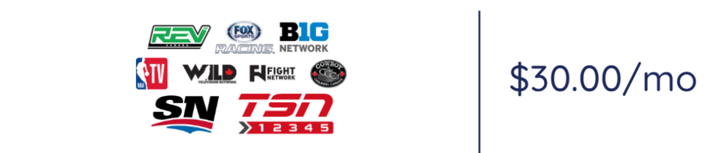 Collage of sports network logos on the left with a vertical divider and the price $30.00/mo on the right.
