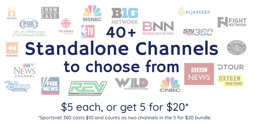 Promotional banner advertising 40+ standalone channels to choose from, surrounded by network logos; price $5 each or 5 for $20 (bundle terms below).