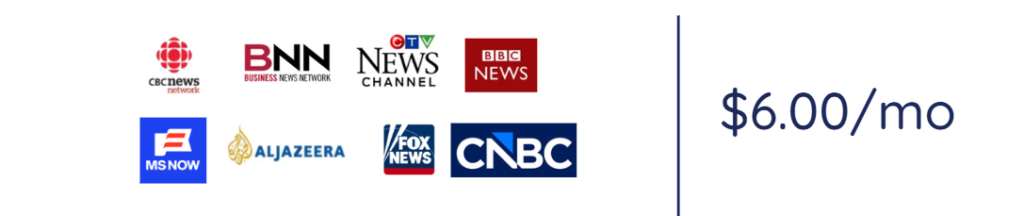 Row of news-channel logos (CBC News, BNN, CTV News, BBC News, MSN, Al Jazeera, Fox News, CNBC) with a vertical divider and the price “$6.00/mo” on the right.