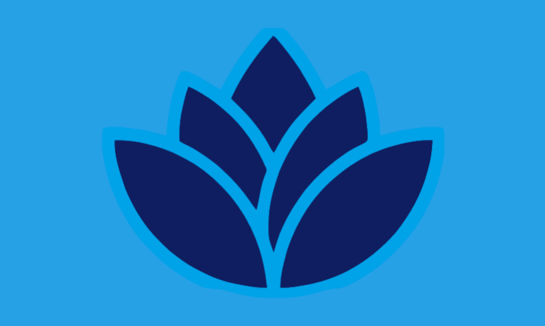 Abstract dark blue lotus bloom on bright blue background, logo-style graphic.