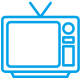 Blue outline of a retro television with rabbit-ear antenna, large screen, and control panel on the right side.